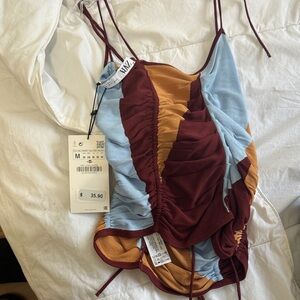 Zara Colorblock Ruched Camisole in Blue, Maroon, and Mustard